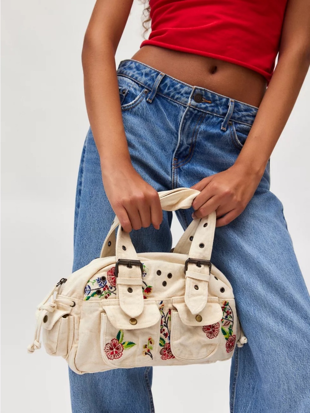 BDG Embroidered Denim Duffle Shoulder Bag One Size